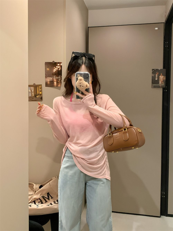 Najlon dugi rukav top s V-izrezom, pulover, tanak materijal, kratka duljina, jednobojna boja, ljeto 2025, sastav: 90–95% najlona + Spandex <30%