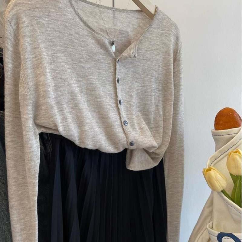 Женски лек кардиган за външно облекло, дълги ръкави, полиестер-памучна смес (70–80% полиестер, 20–30% памук), лято 2025, ежедневен стил в духа на японско-корейския свободен стил