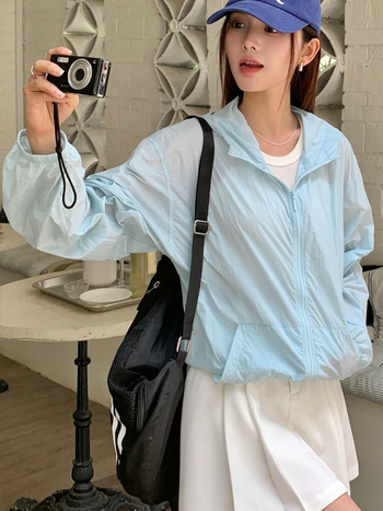 Γυναικείο καλοκαιρινό ανάπνευστο μπουφάν προστασίας από τον ήλιο με τσέπες, μακριά μανίκια, ελαφρύ νάιλον, φερμουάρ, φαρδιά γραμμή, UPF50+