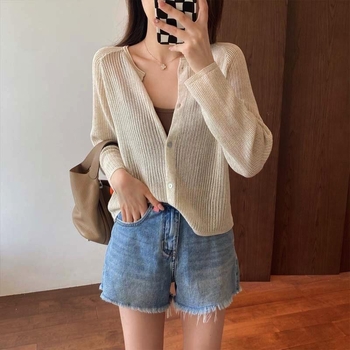 Kardigan za zaštitu od sunca od konopno-polyester smjese, V-izrez, uski kroj, dugi rukavi, srednja duljina, jednobojna, pleteni materijal s imitacijom lana