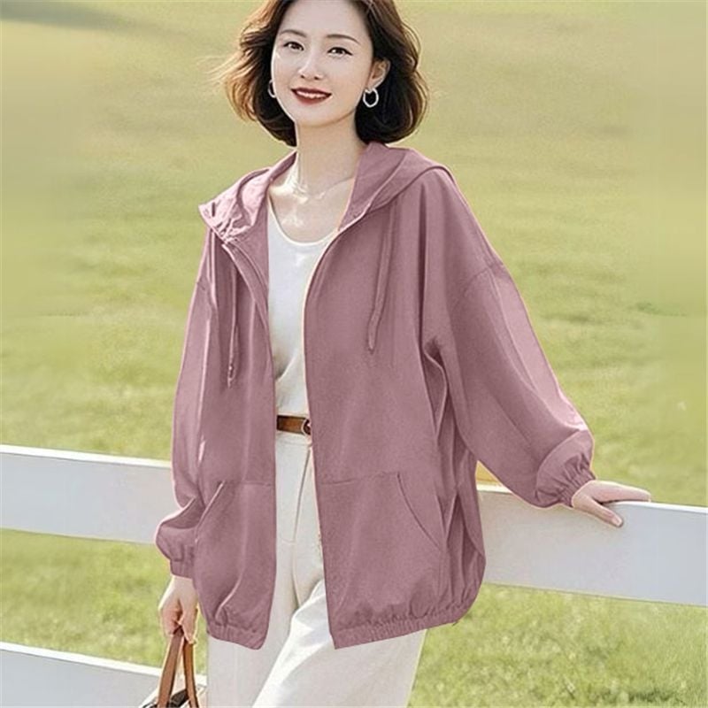 Jachetă de damă cu protecție UV, glugă, respirabilă, ultraușoară, amestec Lycra-Spandex