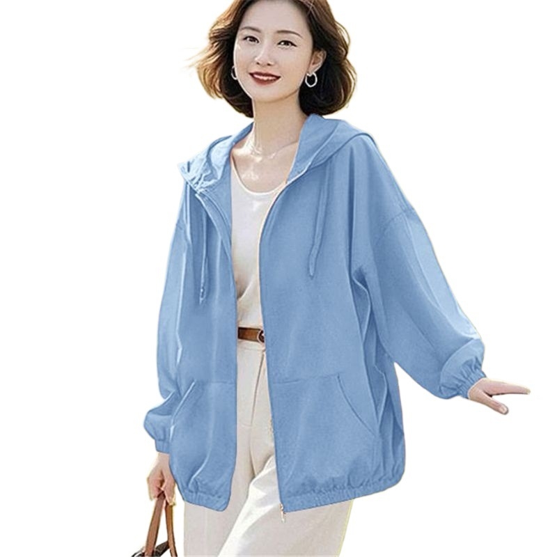 Jachetă de damă cu protecție UV, glugă, respirabilă, ultraușoară, amestec Lycra-Spandex