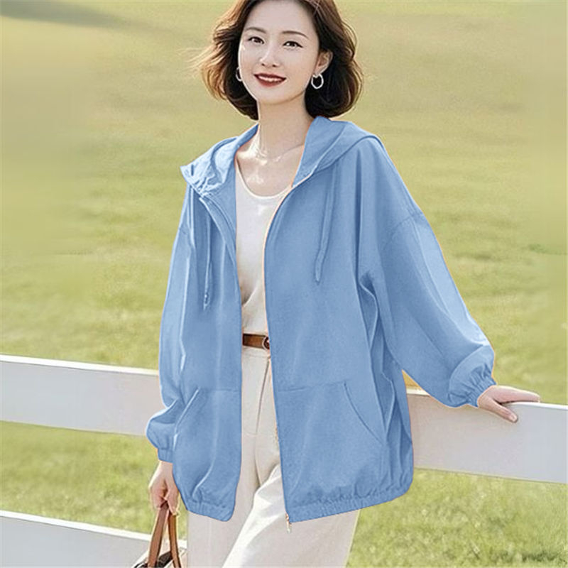 Jachetă de damă cu protecție UV, glugă, respirabilă, ultraușoară, amestec Lycra-Spandex