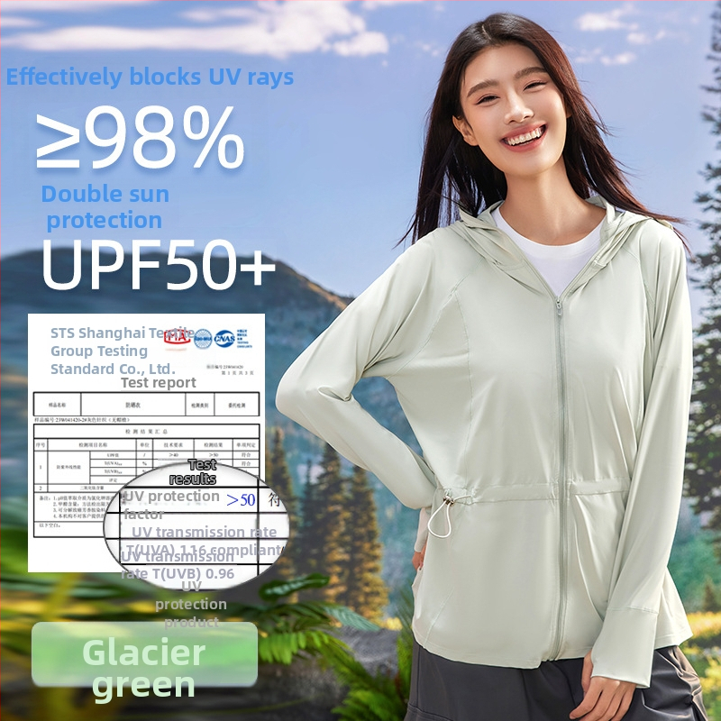 Ženska nylon jakna s kapuljačom, UPF50+ UV zaštita, srednja duljina, za vanjsku upotrebu