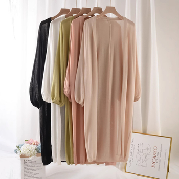 Ženski lagani pleteni kardigan za ljeto, srednje duljine, jednobojan šal-stil kardigan od ice silk, dugih rukava, zaštita od sunca, elegantan ležeran stil