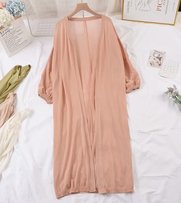 Ženski lagani pleteni kardigan za ljeto, srednje duljine, jednobojan šal-stil kardigan od ice silk, dugih rukava, zaštita od sunca, elegantan ležeran stil