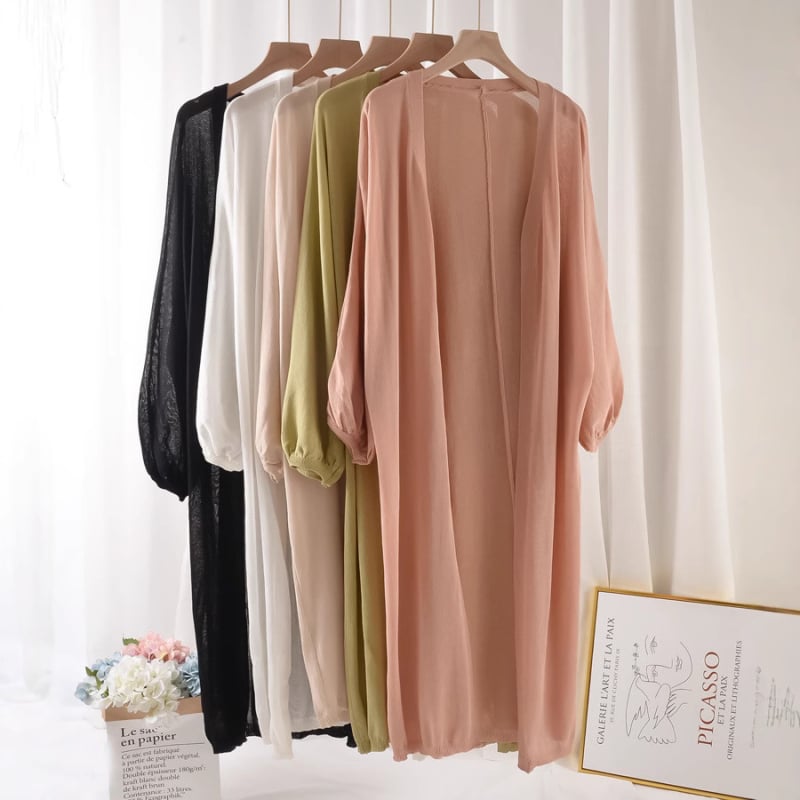 Ženski lagani pleteni kardigan za ljeto, srednje duljine, jednobojan šal-stil kardigan od ice silk, dugih rukava, zaštita od sunca, elegantan ležeran stil