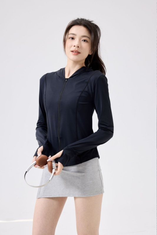 Ženska majica s kapuljačom za zaštitu od sunca, slim fit, Nylon-Spandex miješavina 80–90%, UPF100+, prednji zip
