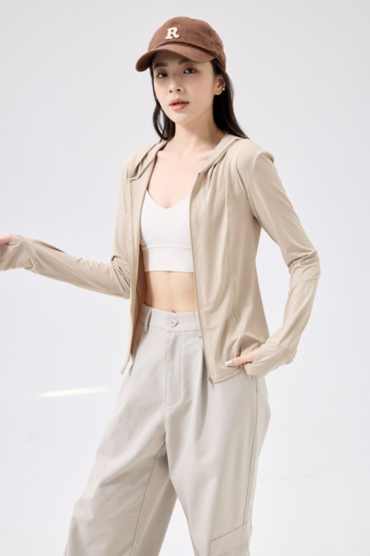 Ženska majica s kapuljačom za zaštitu od sunca, slim fit, Nylon-Spandex miješavina 80–90%, UPF100+, prednji zip