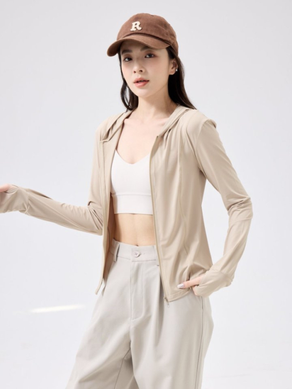 Ženska majica s kapuljačom za zaštitu od sunca, slim fit, Nylon-Spandex miješavina 80–90%, UPF100+, prednji zip