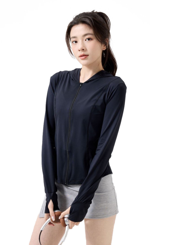 Ženska majica s kapuljačom za zaštitu od sunca, slim fit, Nylon-Spandex miješavina 80–90%, UPF100+, prednji zip
