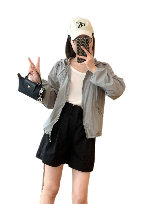 Νάιλον μπουφάν προστασίας από τον ήλιο UPF50+, ελαφρύ, χαλαρού σχήματος, μακριά μανίκια, με φερμουάρ