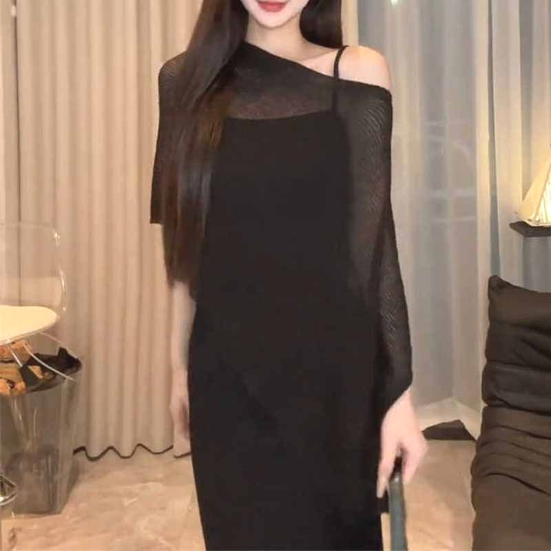 Slim-fit asimetrični Cape Shawl pleteni top, bez rukava, viskozni vlakno, tanak, ležerni stil