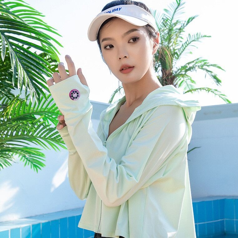 Bluză de protecție solară din Ice Silk UPF50+ pentru femei, lungime scurtă, fermoar frontal, mâneci raglan, respirabilă