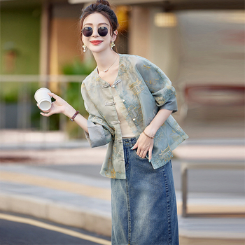 Palton scurt pentru femei din poliester, broderie în stil Tang, mâneci lungi