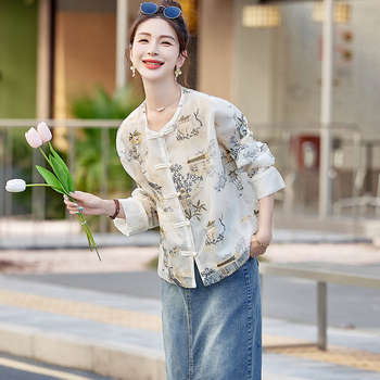 Palton scurt pentru femei din poliester, broderie în stil Tang, mâneci lungi