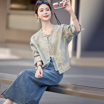 Palton scurt pentru femei din poliester, broderie în stil Tang, mâneci lungi