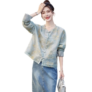 Palton scurt pentru femei din poliester, broderie în stil Tang, mâneci lungi