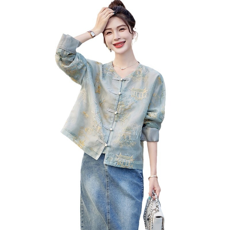 Palton scurt pentru femei din poliester, broderie în stil Tang, mâneci lungi