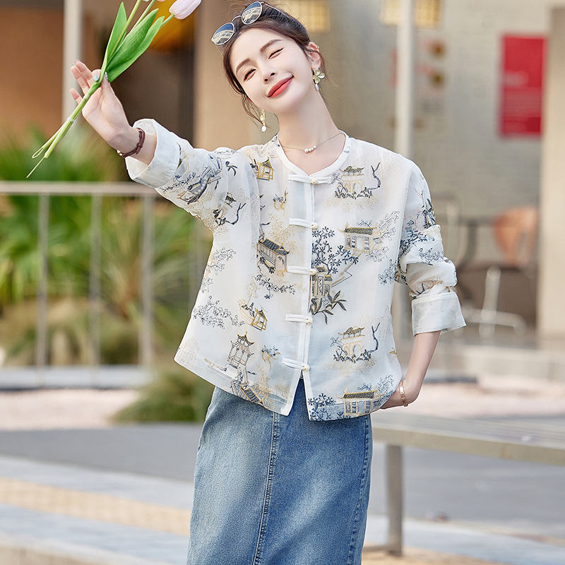 Palton scurt pentru femei din poliester, broderie în stil Tang, mâneci lungi