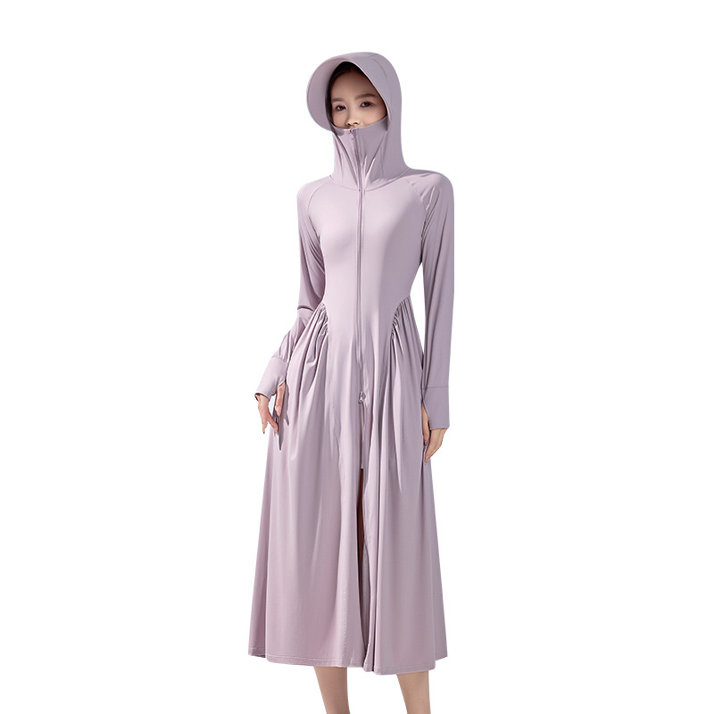 Rochie de protecție solară pentru femei, mâneci lungi, țesătură subțire nylon-spandex, UPF50+, vară 2025