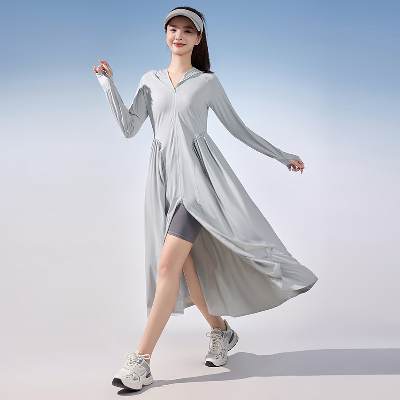 Rochie de protecție solară pentru femei, mâneci lungi, țesătură subțire nylon-spandex, UPF50+, vară 2025