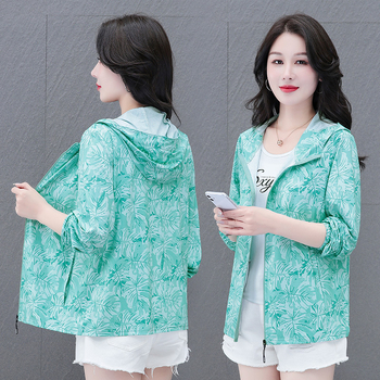 Geacă ușoară cu glugă pentru protecție solară, imprimeu floral, poliester, UPF50+, fermoar