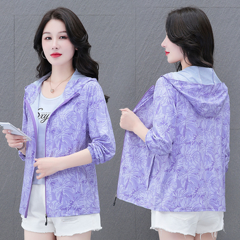 Geacă ușoară cu glugă pentru protecție solară, imprimeu floral, poliester, UPF50+, fermoar