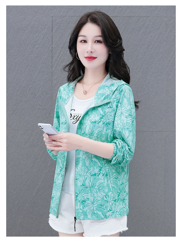 Geacă ușoară cu glugă pentru protecție solară, imprimeu floral, poliester, UPF50+, fermoar