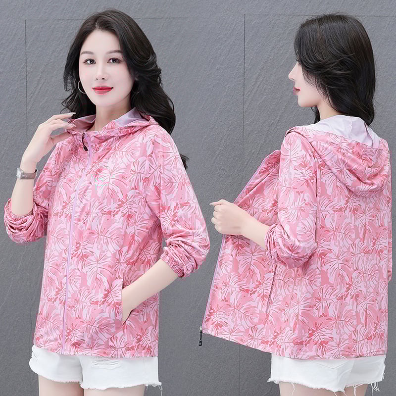 Geacă ușoară cu glugă pentru protecție solară, imprimeu floral, poliester, UPF50+, fermoar