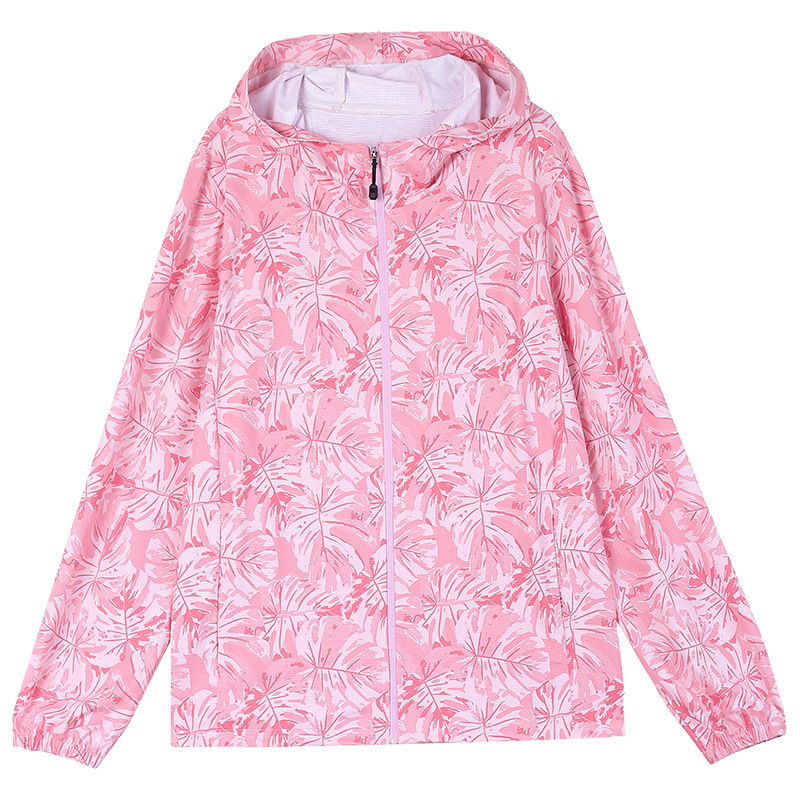 Geacă ușoară cu glugă pentru protecție solară, imprimeu floral, poliester, UPF50+, fermoar