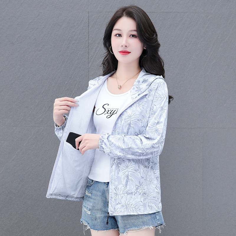 Geacă ușoară cu glugă pentru protecție solară, imprimeu floral, poliester, UPF50+, fermoar