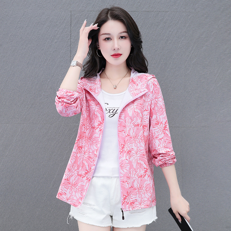 Geacă ușoară cu glugă pentru protecție solară, imprimeu floral, poliester, UPF50+, fermoar