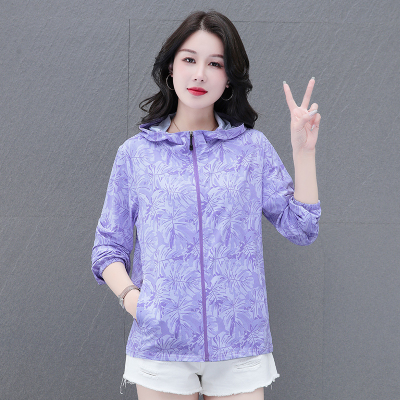 Geacă ușoară cu glugă pentru protecție solară, imprimeu floral, poliester, UPF50+, fermoar