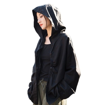 Palton lejer din in și bumbac, finisaj spălat cu nisip, cu glugă, mâneci lungi, lungime 50–65 cm