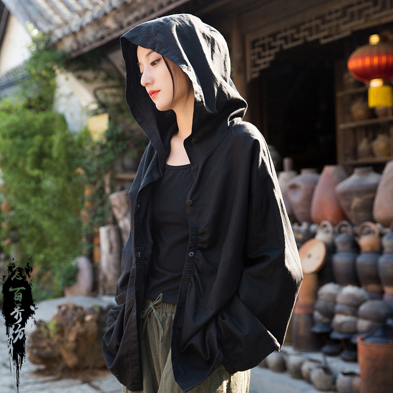 Palton lejer din in și bumbac, finisaj spălat cu nisip, cu glugă, mâneci lungi, lungime 50–65 cm