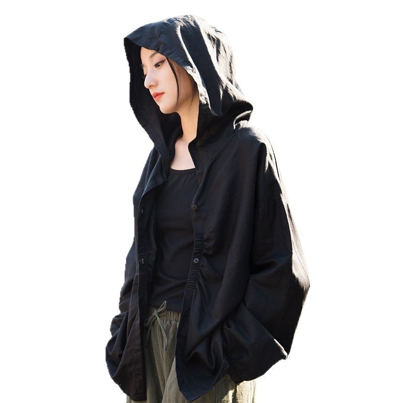 Palton lejer din in și bumbac, finisaj spălat cu nisip, cu glugă, mâneci lungi, lungime 50–65 cm