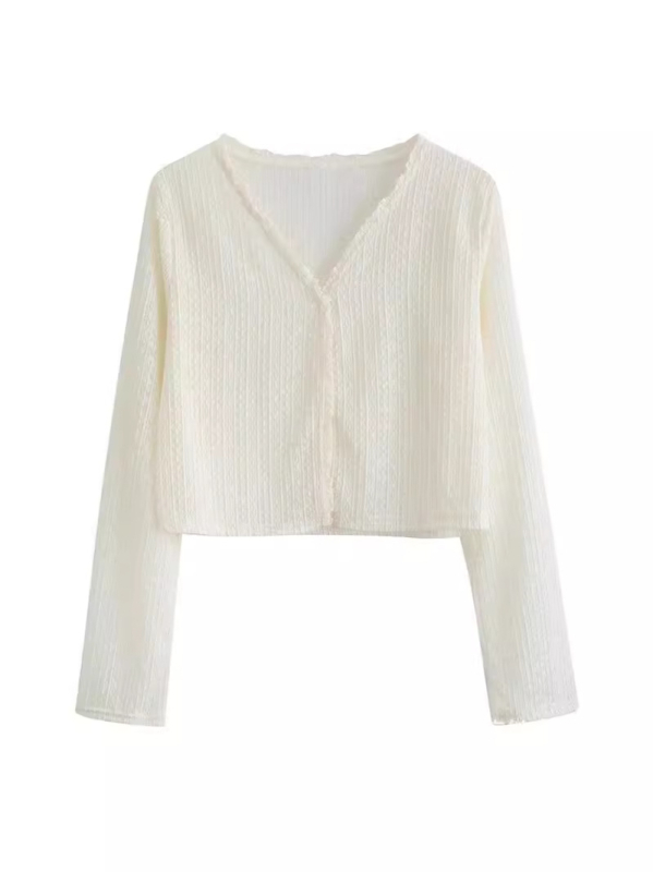 Cardigan din dantelă pentru protecție solară, palton scurt subțire, decolteu în V, mâneci lungi, nasturi pe un rând, poliester