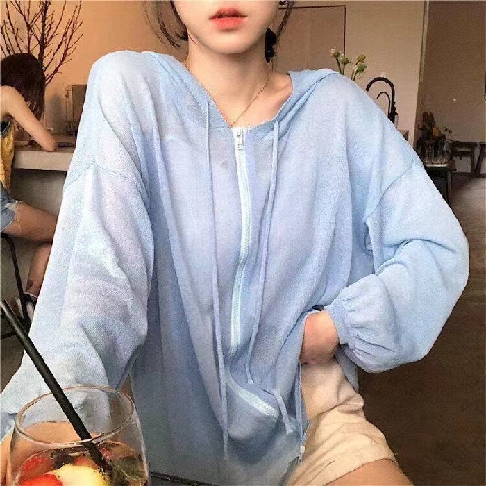 Cardigan de protecție solară pentru femei, croială lejeră cu glugă, uni, poliester respirabil, mâneci lungi, țesătură subțire, Vara 2024