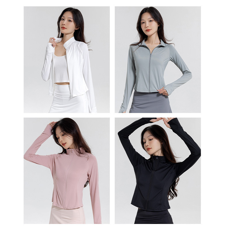 Bluză subțire de protecție solară pentru femei, croială slim, material nylon-spandex, UPF50+, mâneci raglan lungi cu fermoar, lungime 40–50 cm, vară 2024