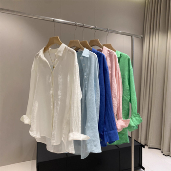 Cămașă din in și bumbac, croială lejeră, mâneci lungi, lungime 50–65 cm, protecție solară UPF40+