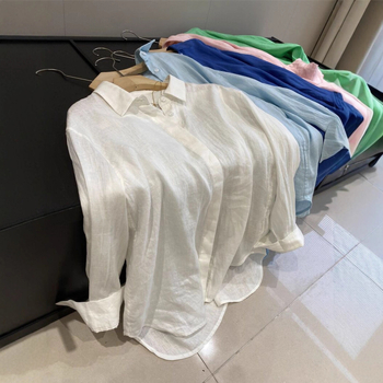 Cămașă din in și bumbac, croială lejeră, mâneci lungi, lungime 50–65 cm, protecție solară UPF40+