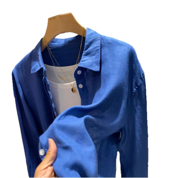 Cămașă din in și bumbac, croială lejeră, mâneci lungi, lungime 50–65 cm, protecție solară UPF40+