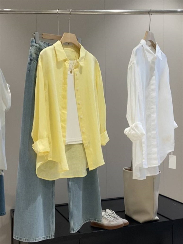 Cămașă din in și bumbac, croială lejeră, mâneci lungi, lungime 50–65 cm, protecție solară UPF40+