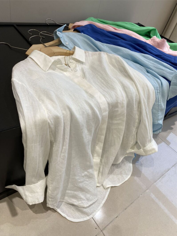 Cămașă din in și bumbac, croială lejeră, mâneci lungi, lungime 50–65 cm, protecție solară UPF40+