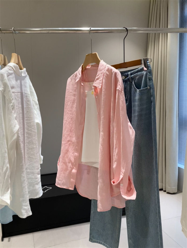 Cămașă din in și bumbac, croială lejeră, mâneci lungi, lungime 50–65 cm, protecție solară UPF40+