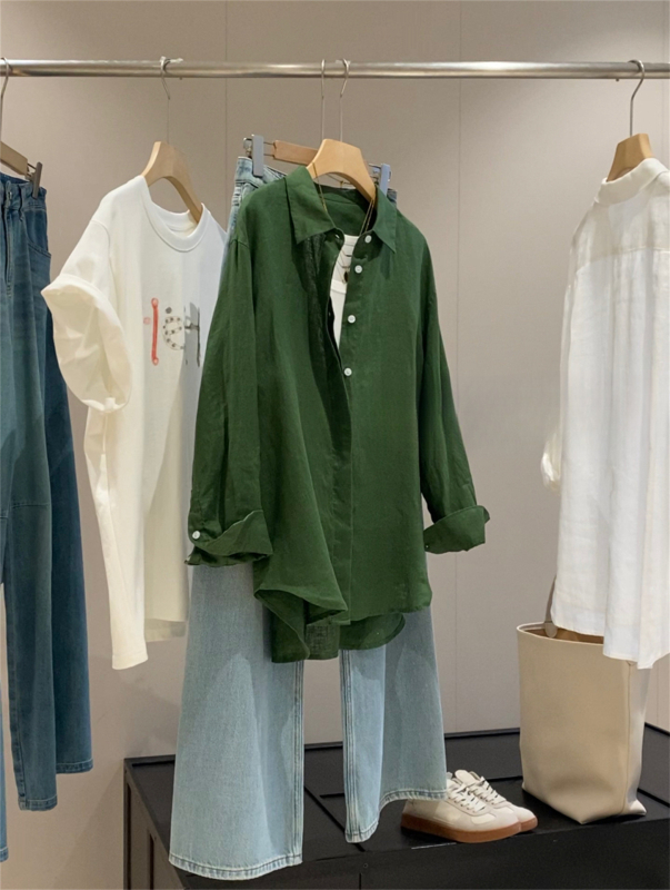 Cămașă din in și bumbac, croială lejeră, mâneci lungi, lungime 50–65 cm, protecție solară UPF40+