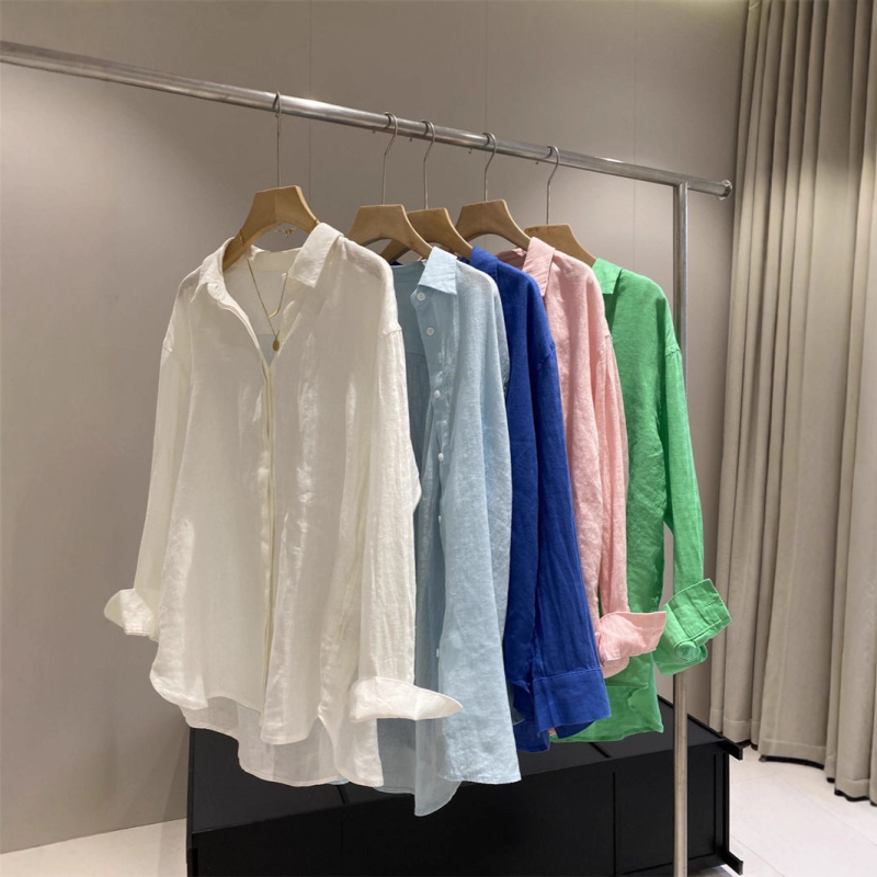 Cămașă din in și bumbac, croială lejeră, mâneci lungi, lungime 50–65 cm, protecție solară UPF40+