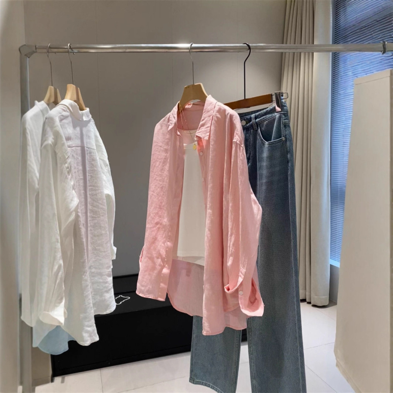 Cămașă din in și bumbac, croială lejeră, mâneci lungi, lungime 50–65 cm, protecție solară UPF40+