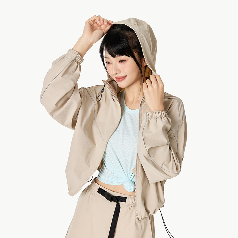 Jachetă de protecție solară pentru femei UPF200+, respirabilă, cu glugă, fermoar reflectorizant, guler înălțat